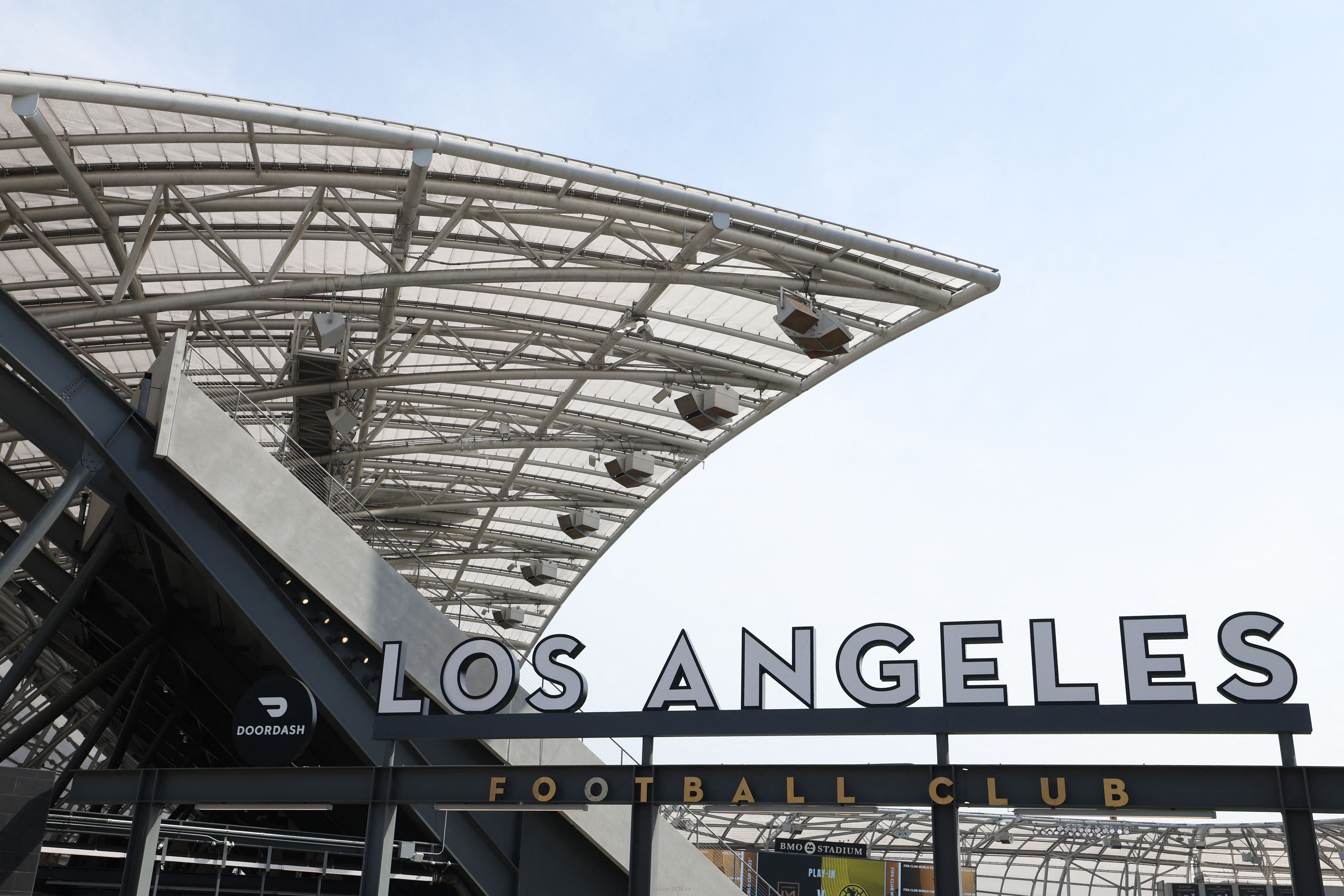 LOS ANGELES, CALIFORNIA - MAY 31: Outside view of the stadium prior to the FIFA Club World Cup 2025 Play-In match between Los Angeles Football Club and Club America at BMO Stadium on May 31, 2025 in Los Angeles, California. Luke Hales/Getty Images/AFP (Photo by Luke Hales / GETTY IMAGES NORTH AMERICA / Getty Images via AFP)