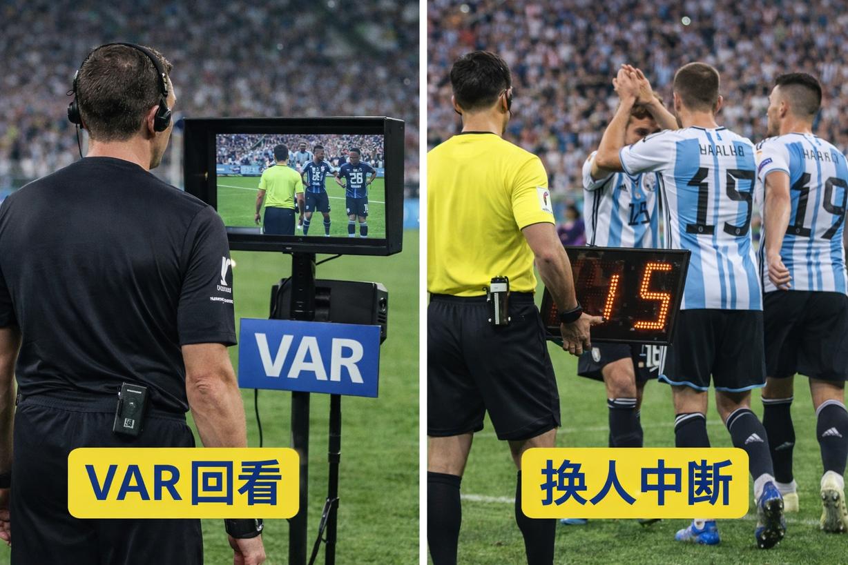 世界杯比赛中 VAR 回看与换人中断示意图，解释补时增加的关键原因