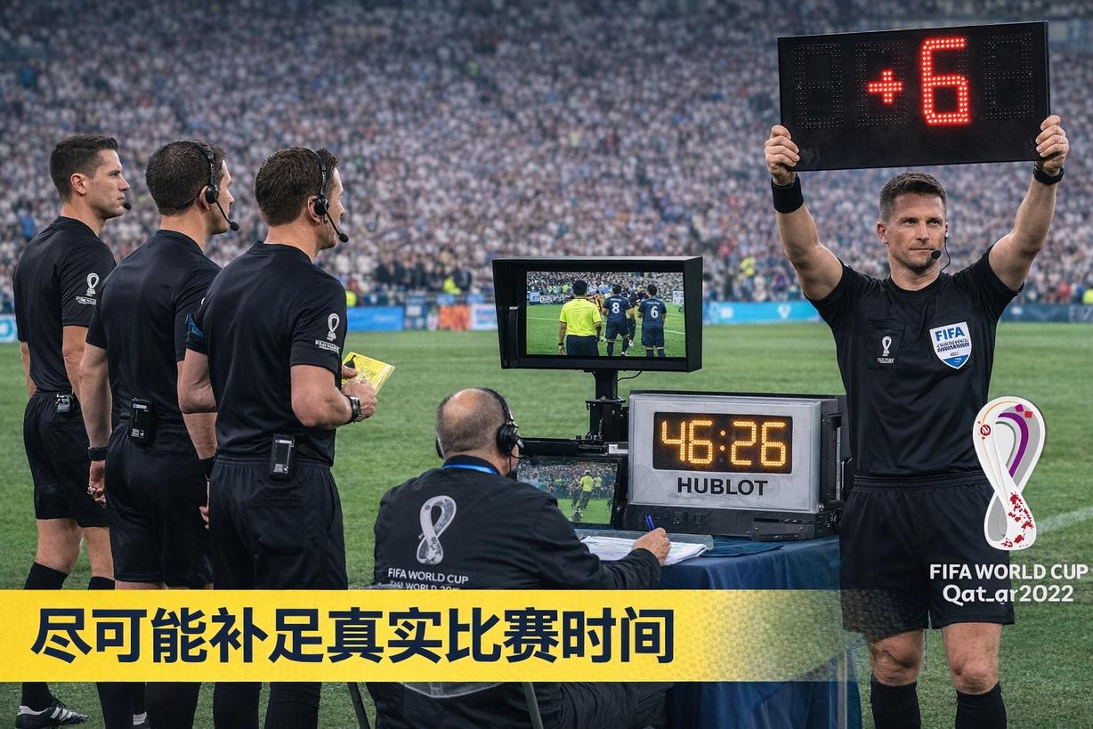 世界杯比赛中裁判组通过计时设备与补时牌统一计算补时，体现尽量补足真实比赛时间的判罚原则