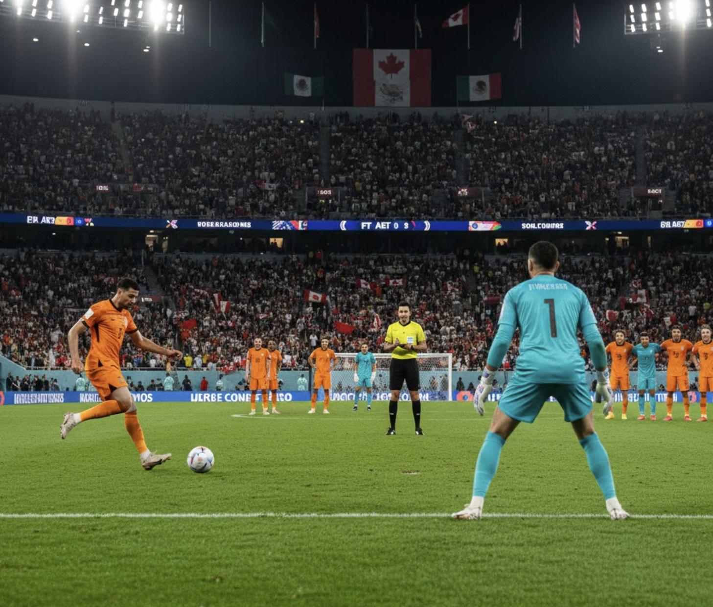 世界杯淘汰赛点球大战场景，比赛通过点球决出最终结果