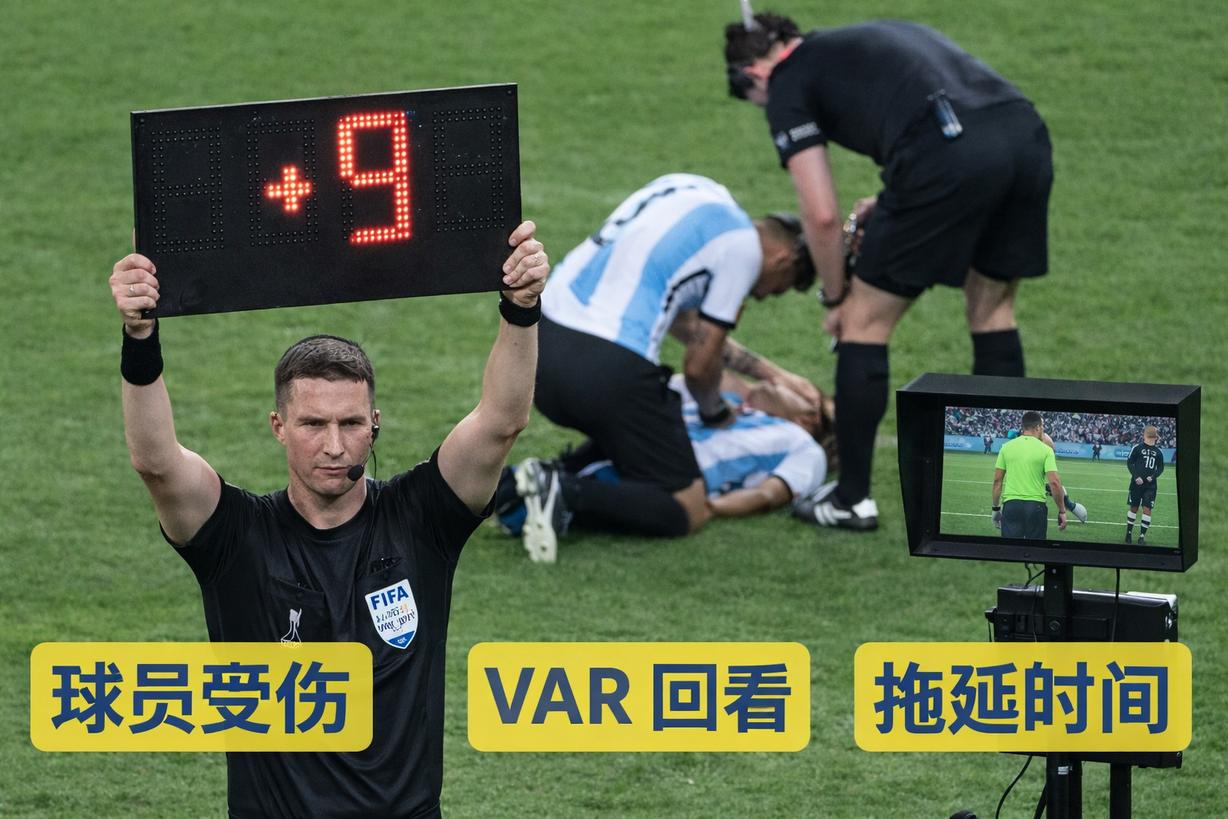 世界杯补时计算示意图，包含球员受伤、VAR 判罚回看与裁判举牌显示补时时间