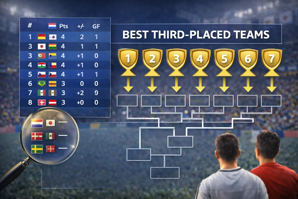 2026 世界杯小组第三晋级示意图，8 支成绩最好的小组第三按排名结果分配到既定淘汰赛区位