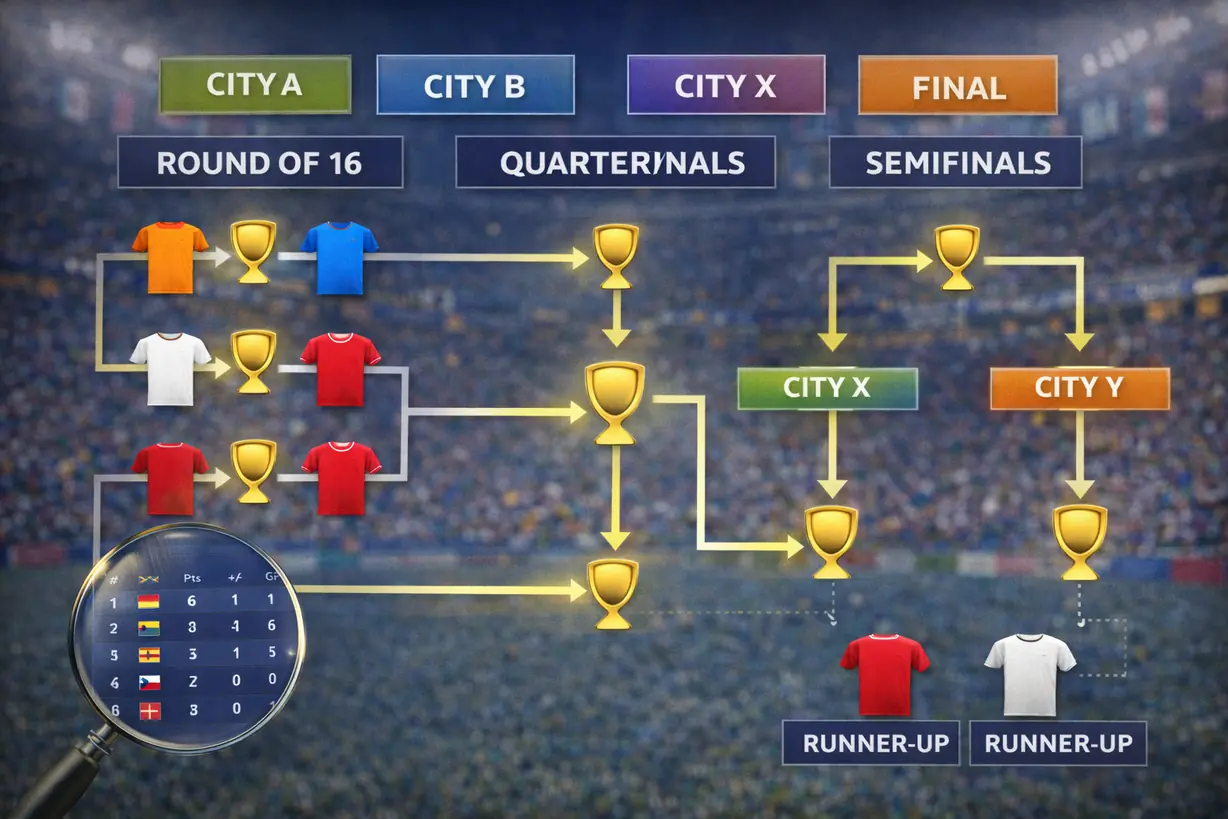 2026 世界杯淘汰赛路径示意图，32 强胜者沿固定对阵路线进入16强、8强和半决赛