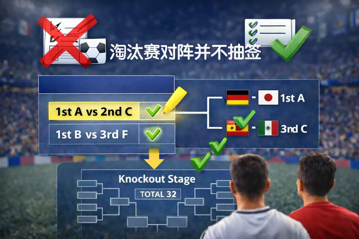 2026 世界杯淘汰赛对阵规则示意图，展示小组赛排名如何按照固定赛程进入 32 强淘汰赛