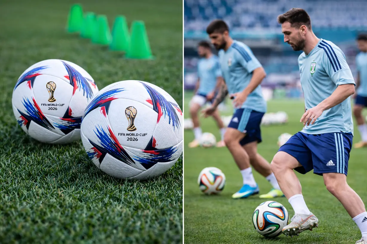 世界杯赛前训练场景中的官方训练用球展示，球员在训练中使用接近正式比赛标准的足球