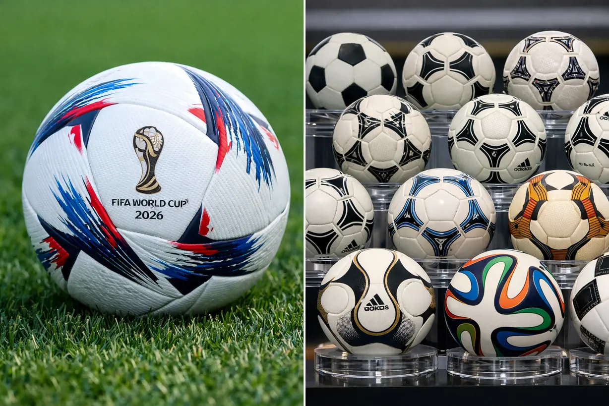 2026 年世界杯官方比赛用球外观展示，足球置于草坪上，旁边陈列历届世界杯比赛用球