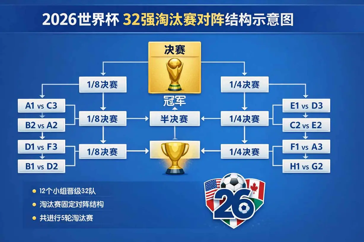 2026世界杯32强淘汰赛对阵结构示意图