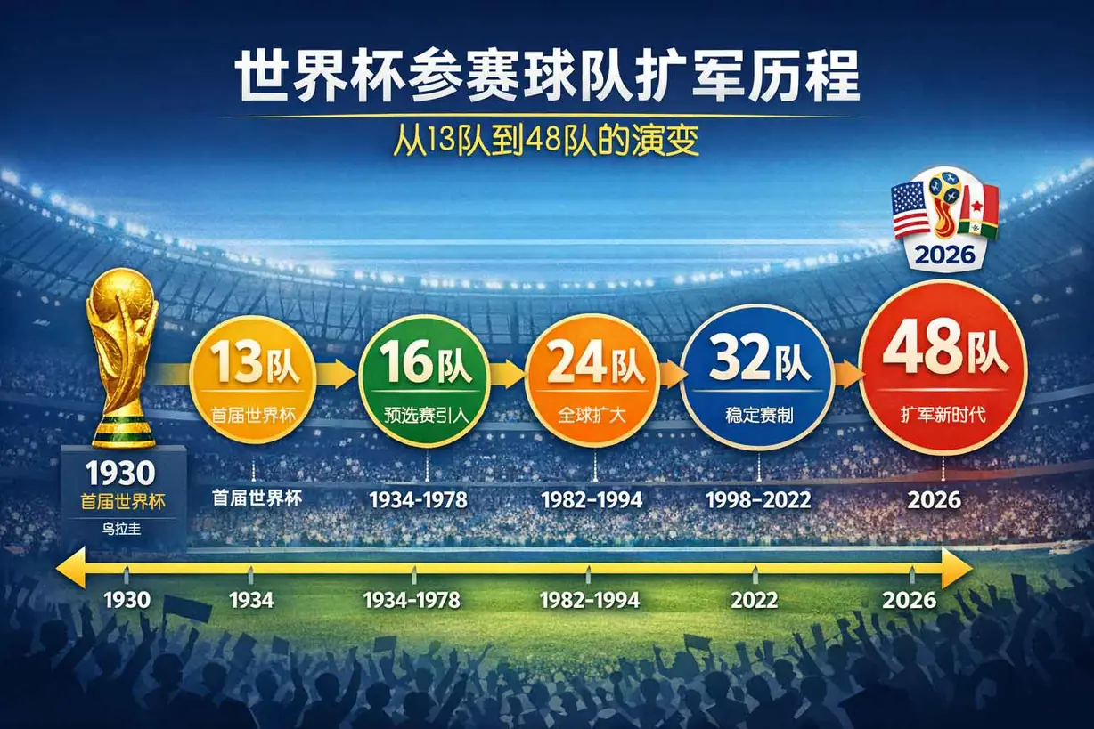 世界杯参赛球队扩军历史时间线示意图
