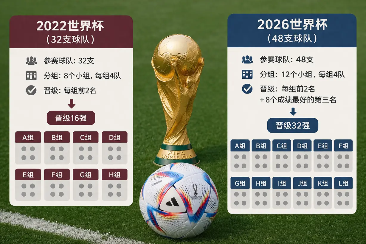 世界杯32队与48队赛制对比示意图