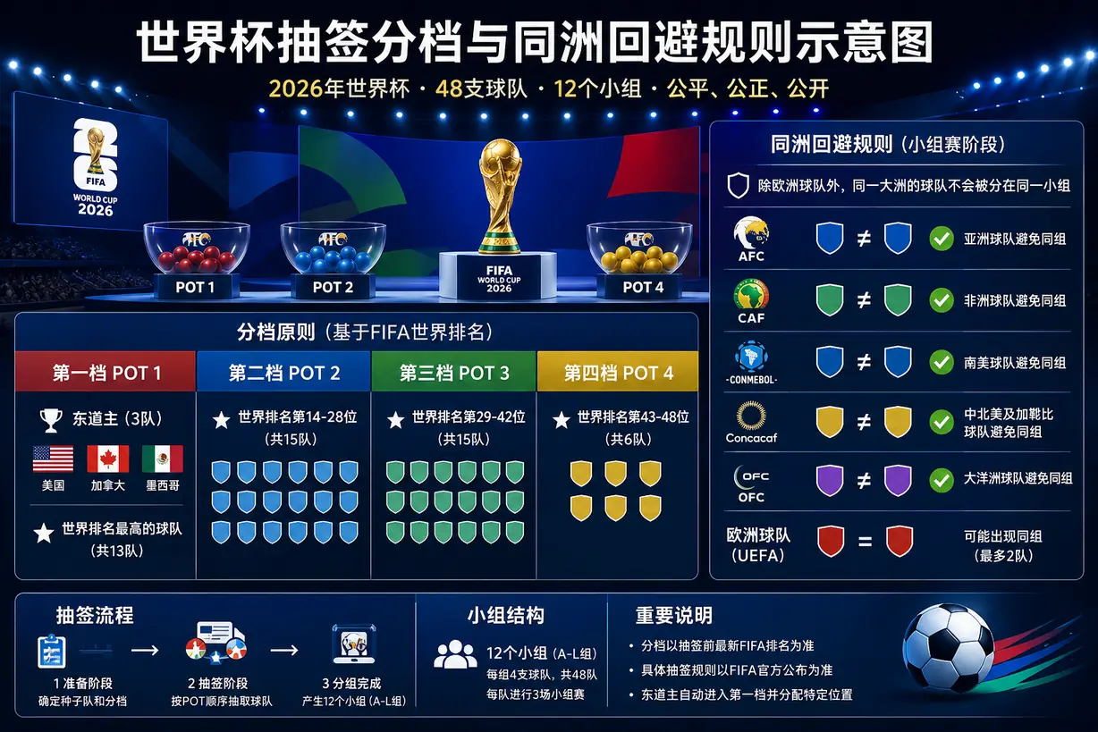 世界杯抽签分档与同洲回避规则示意图